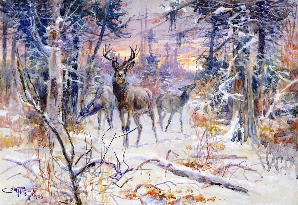 Deer in a Snowy Forest, vintage artwork by Charles Marion Russell, 12x8" (A4) Poster
