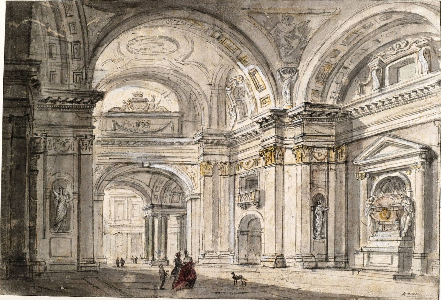 View of Church Interior, vintage artwork by Charles-Michel-Ange Challe, 12x8" (A4) Poster