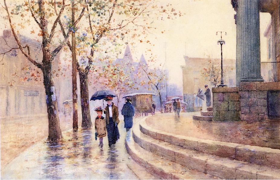 Walking in the Rain, vintage artwork by Paul Sawyier, 12x8" (A4) Poster