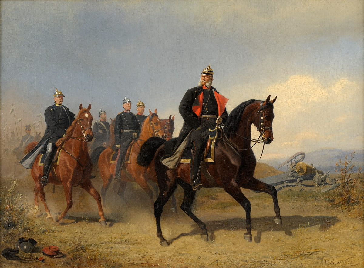 Kaiser Wilhelm I, Count of Bismarck, Moltke, Minister von Roon, Leopold of Hohenzollern and Uhlans, vintage artwork by Emil Volkers, 12x8" (A4) Poster