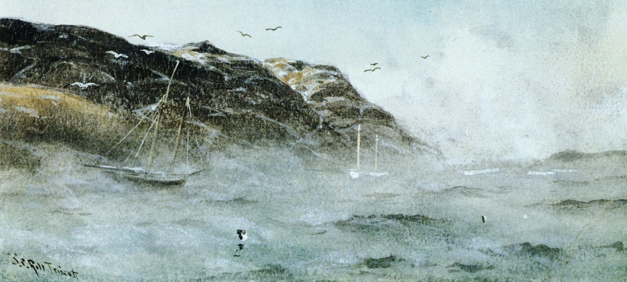 Sea Smoke, Monhegan Harbor, vintage artwork by Samuel P. R. Triscott, 12x8" (A4) Poster