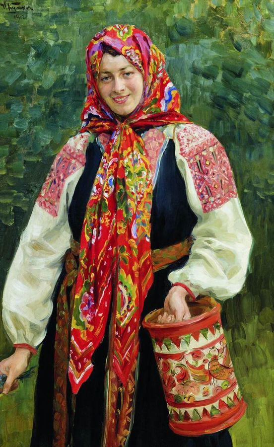 Girl with Basket, vintage artwork by Ivan Kulikov, 12x8" (A4) Poster