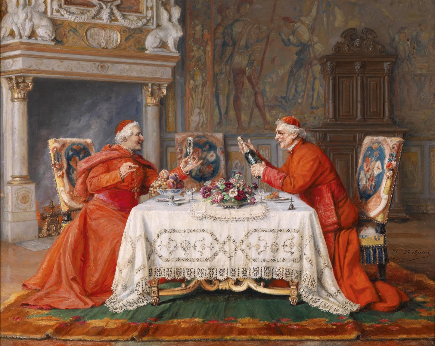 Two cardinals at the banquet, vintage artwork by Paul Schaan, 12x8" (A4) Poster