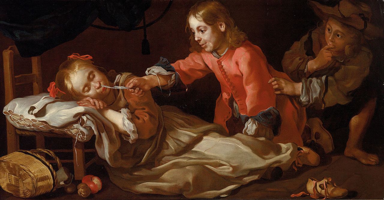 Sleeping girl with two children playing (Allegory of sense of touch), vintage artwork by Eberhart Keilhau, 12x8" (A4) Poster
