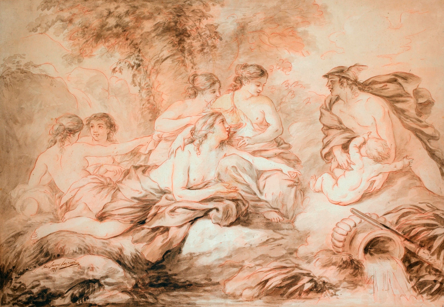 Mercury Entrusting Bacchus to the Nymphs, vintage artwork by Jean-Jacques Lagrenee, 12x8" (A4) Poster