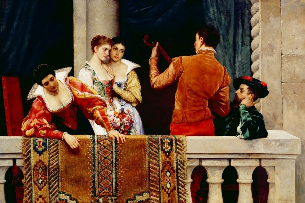An elegant party on a balcony in Venice, vintage artwork by Eugene von Blaas, 12x8" (A4) Poster