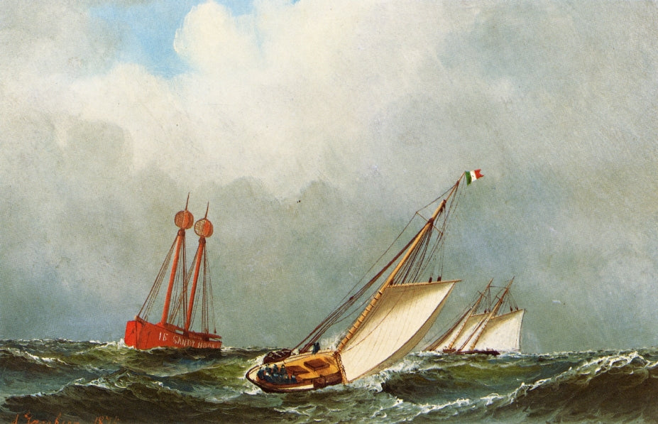 Vision and Dauntless off Sandy Hook Lightship, vintage artwork by Antonio Jacobsen, 12x8" (A4) Poster