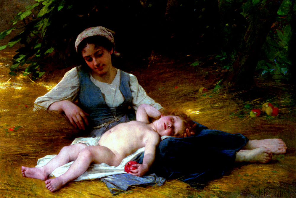 A Mother with her Sleeping Child, vintage artwork by Leon-Jean-Basile Perrault, 12x8" (A4) Poster