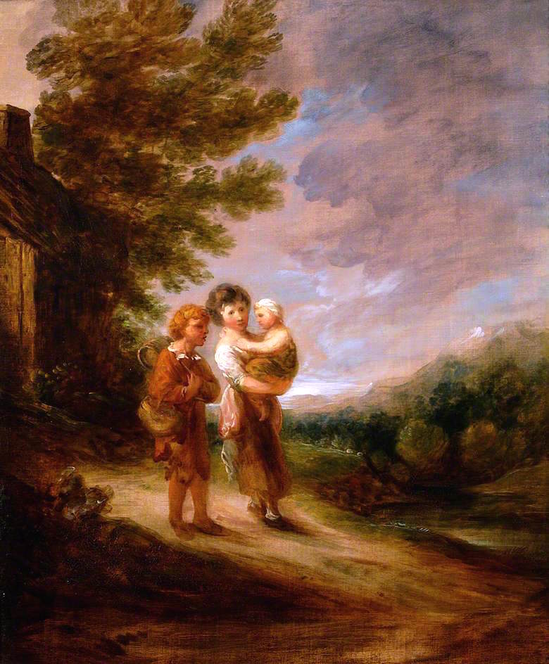 Landscape with Peasant Children outside a Cottage, vintage artwork by Gainsborough Dupont, 12x8" (A4) Poster