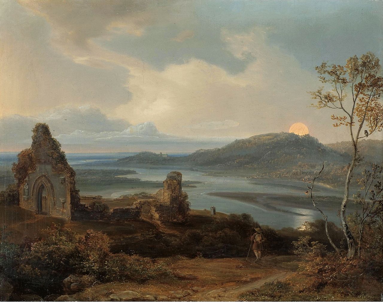 Ruin of a Chapel near a River with Rising Moon , vintage artwork by Carl Rottmann, A3 (16x12") Poster Print