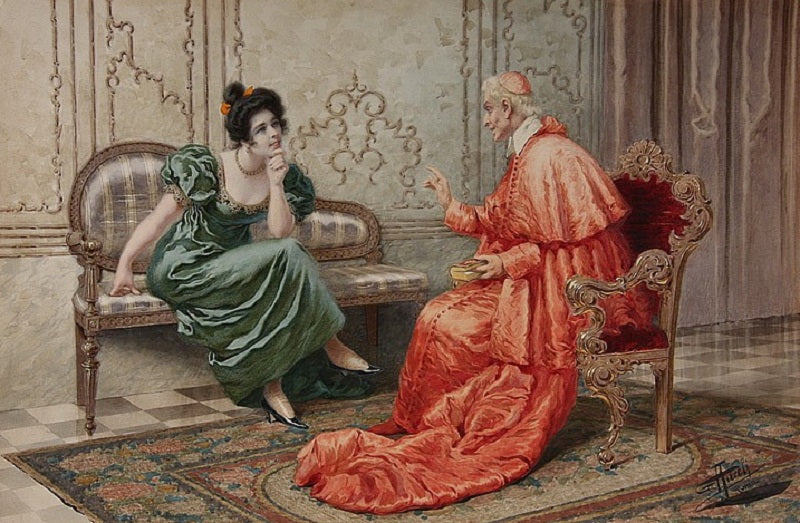 Cardinal and Lady Gossiping, vintage artwork by Giuseppe Aureli, 12x8" (A4) Poster