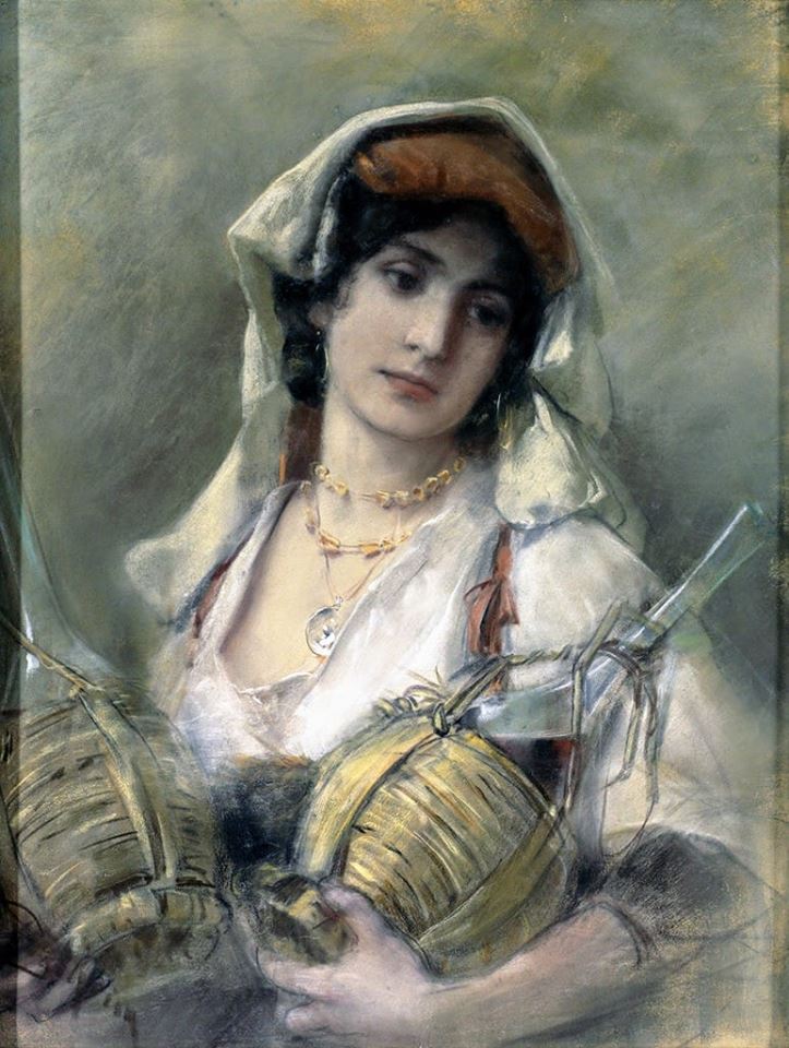 Portrait of a girl from the Alban mountains with two Chianti bottles, vintage artwork by Bruno Piglhein, 12x8" (A4) Poster
