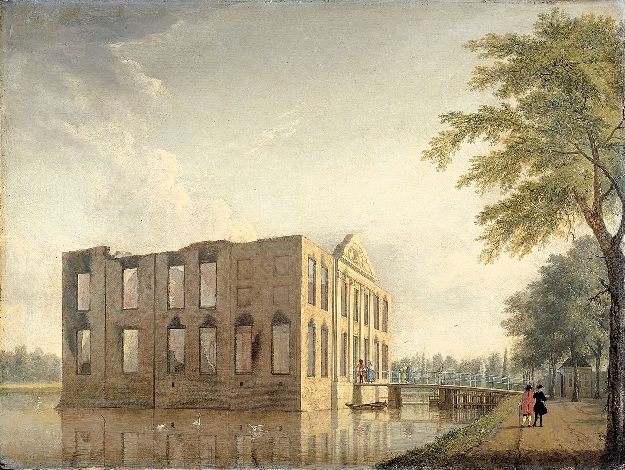 Berckenrode Castle in Heemstede after the fire of 4-5 May 1747: side view, vintage artwork by Jan ten Compe, 12x8" (A4) Poster