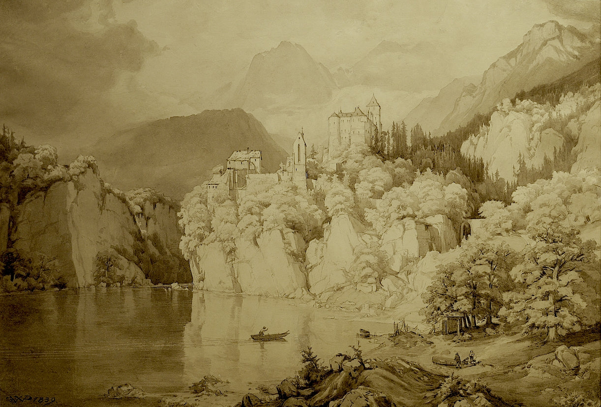 Alpine Lanscape with a Castle, vintage artwork by Eduard Wilhelm Pose, A3 (16x12") Poster Print