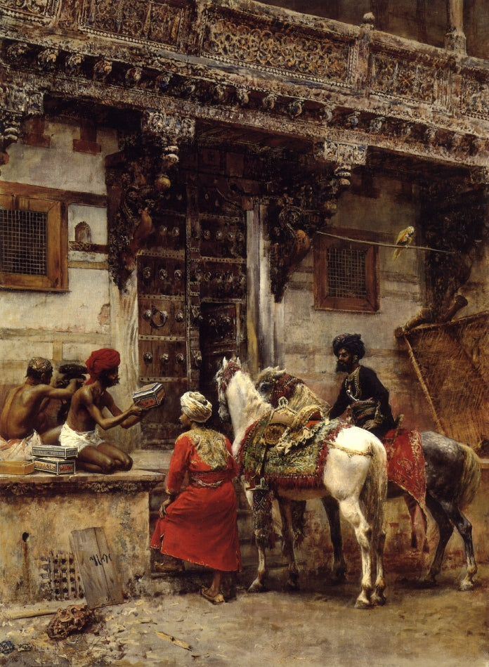 Craftsman Selling Cases by a Teak-Wood Building, Ahmedabad, vintage artwork by Edwin Lord Weeks, 12x8" (A4) Poster