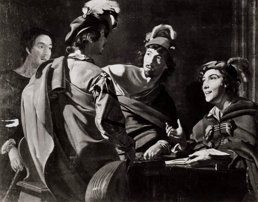 L'arrivee du luthiste, vintage artwork by Theodore Rombouts, 12x8" (A4) Poster