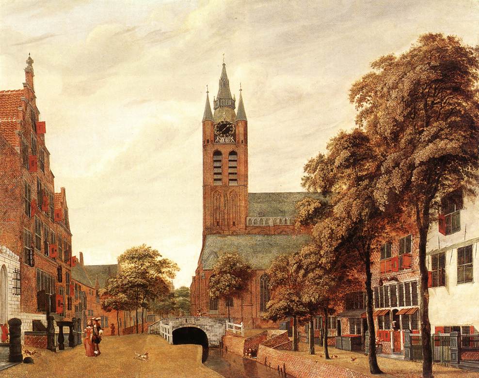View of Delft with Old Church, vintage artwork by Jan van der Heyden, 12x8" (A4) Poster