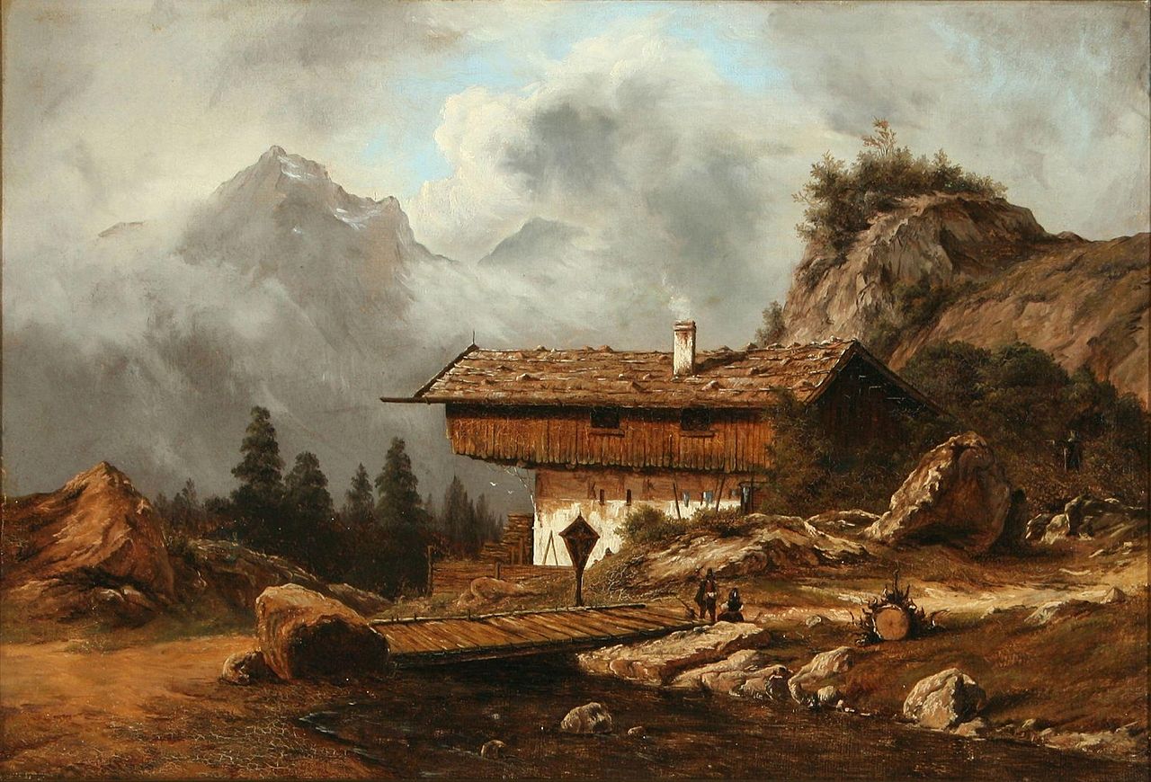 Party from the Alps with Cabin and People by the Bridge, vintage artwork by Georg Emil Libert, A3 (16x12") Poster Print