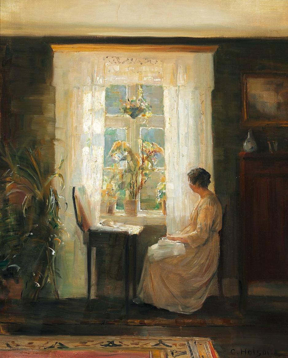 A Woman at a Sunny Window, vintage artwork by Carl Vilhelm Holsøe, 12x8" (A4) Poster