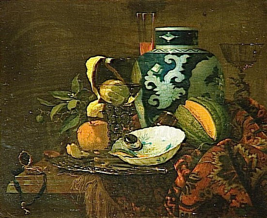 Still Life with Chinese Vase, vintage artwork by Attributed to Willem Kalf, 12x8" (A4) Poster