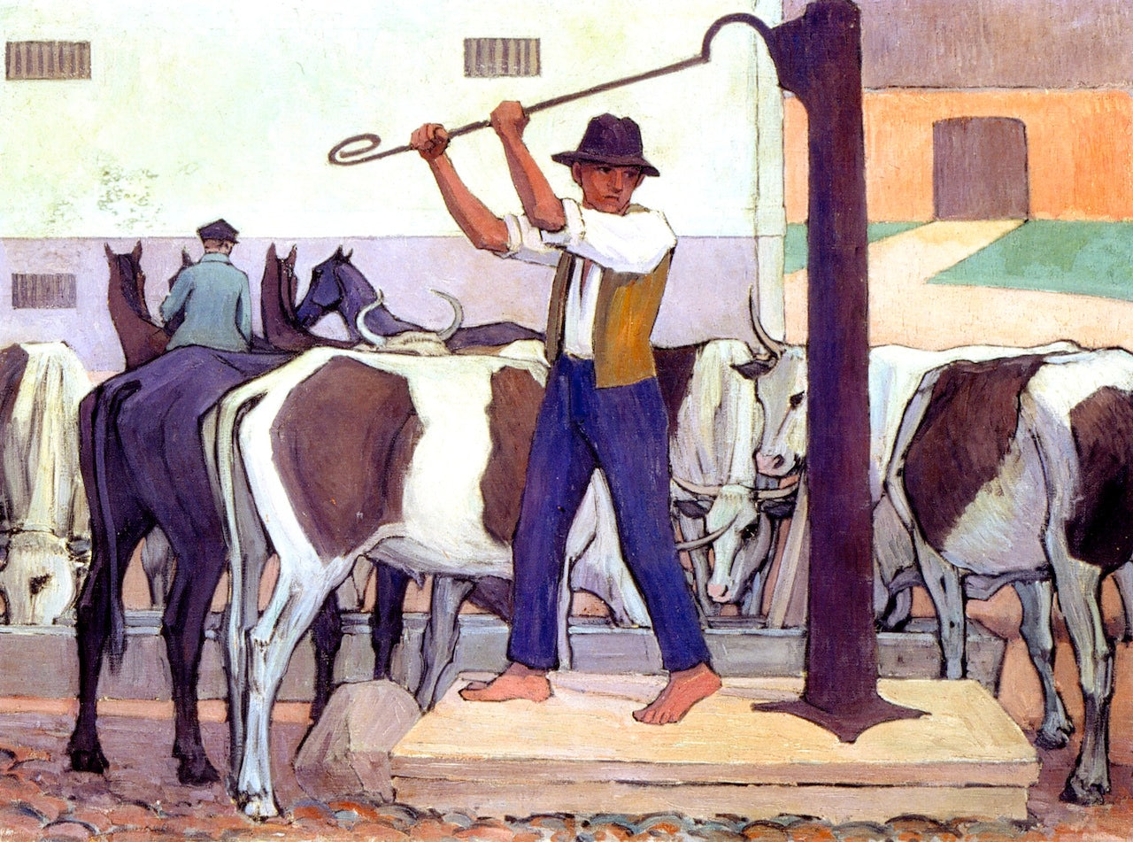 Watering Cattle, Poland, vintage artwork by Robert Bevan, 12x8" (A4) Poster