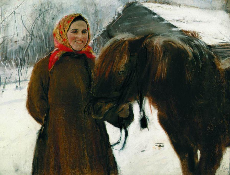 Peasant Woman with Horse, vintage artwork by Valentin Serov, 12x8" (A4) Poster