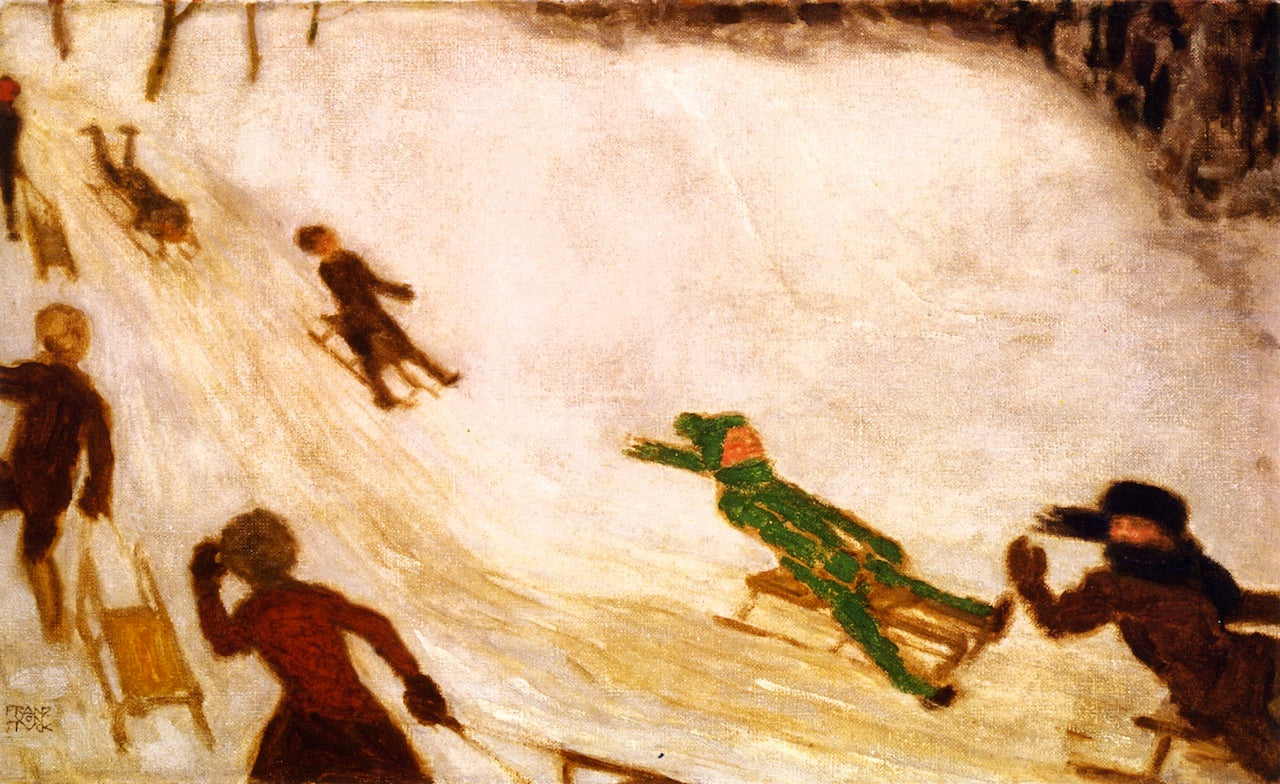 Children Sledding, vintage artwork by Franz von Stuck, 12x8" (A4) Poster