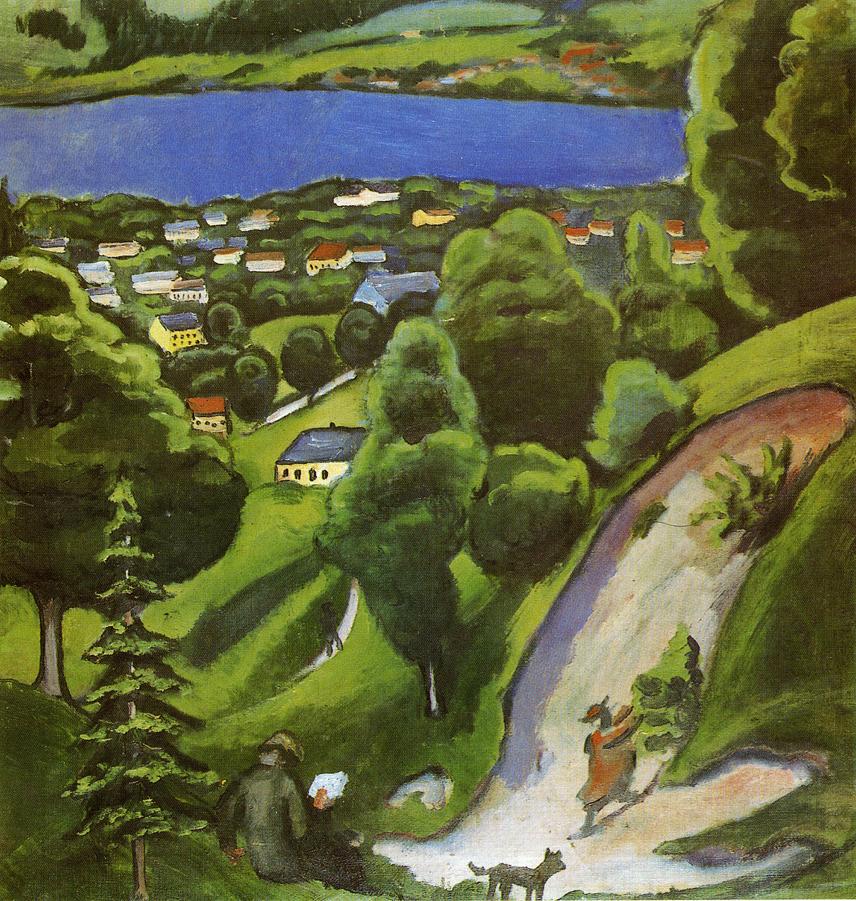 Tegernsee Landscape with Man Reading and Dog, vintage artwork by August Macke, 12x8" (A4) Poster