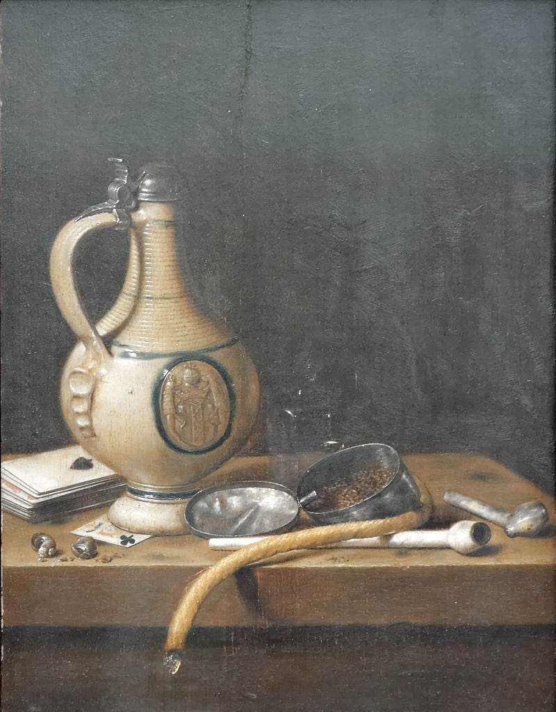 Still life with eathenware jug, cards and pipes, vintage artwork by Jan van de Velde III, 12x8" (A4) Poster