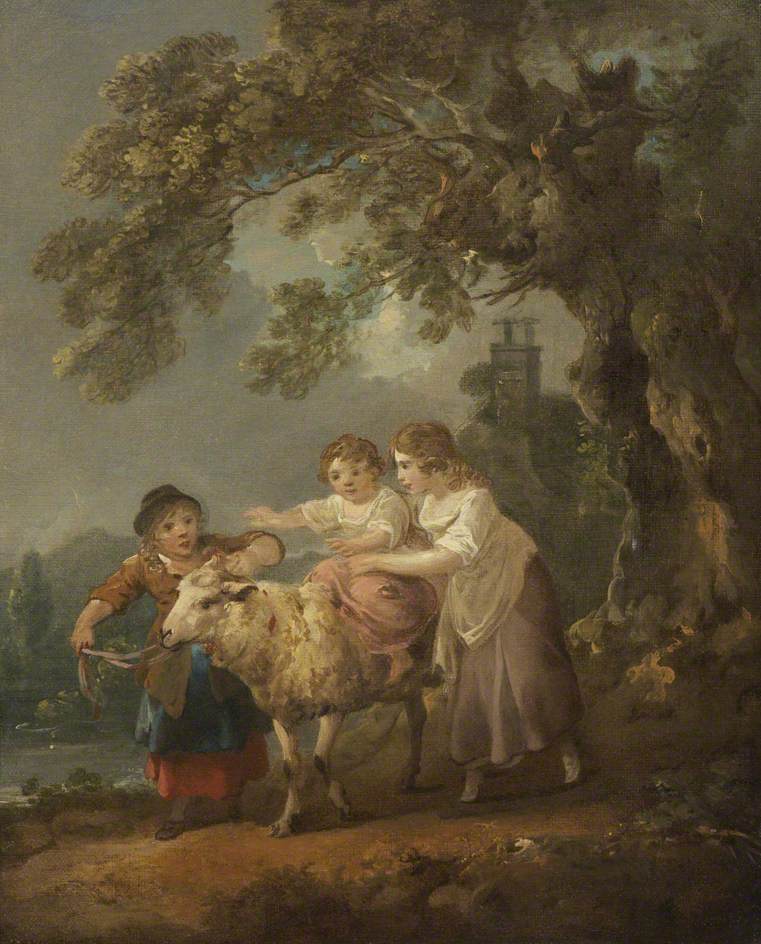 Children and the Pet Sheep, vintage artwork by Julius Caesar Ibbetson, 12x8" (A4) Poster