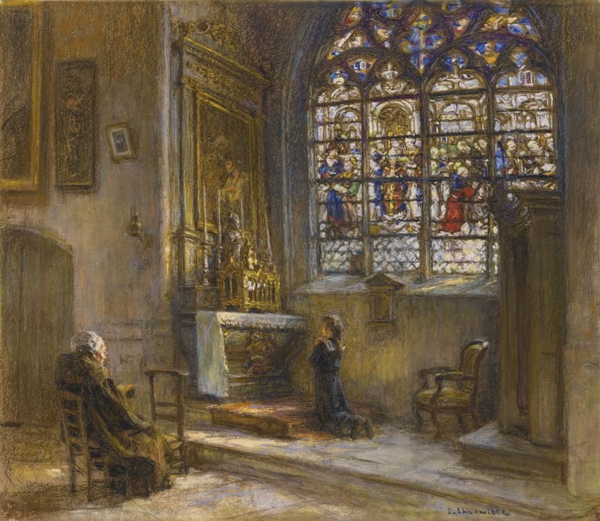 La prière, eglise Saint-Bonnet, vintage artwork by Leon Augustin Lhermitte, 12x8" (A4) Poster
