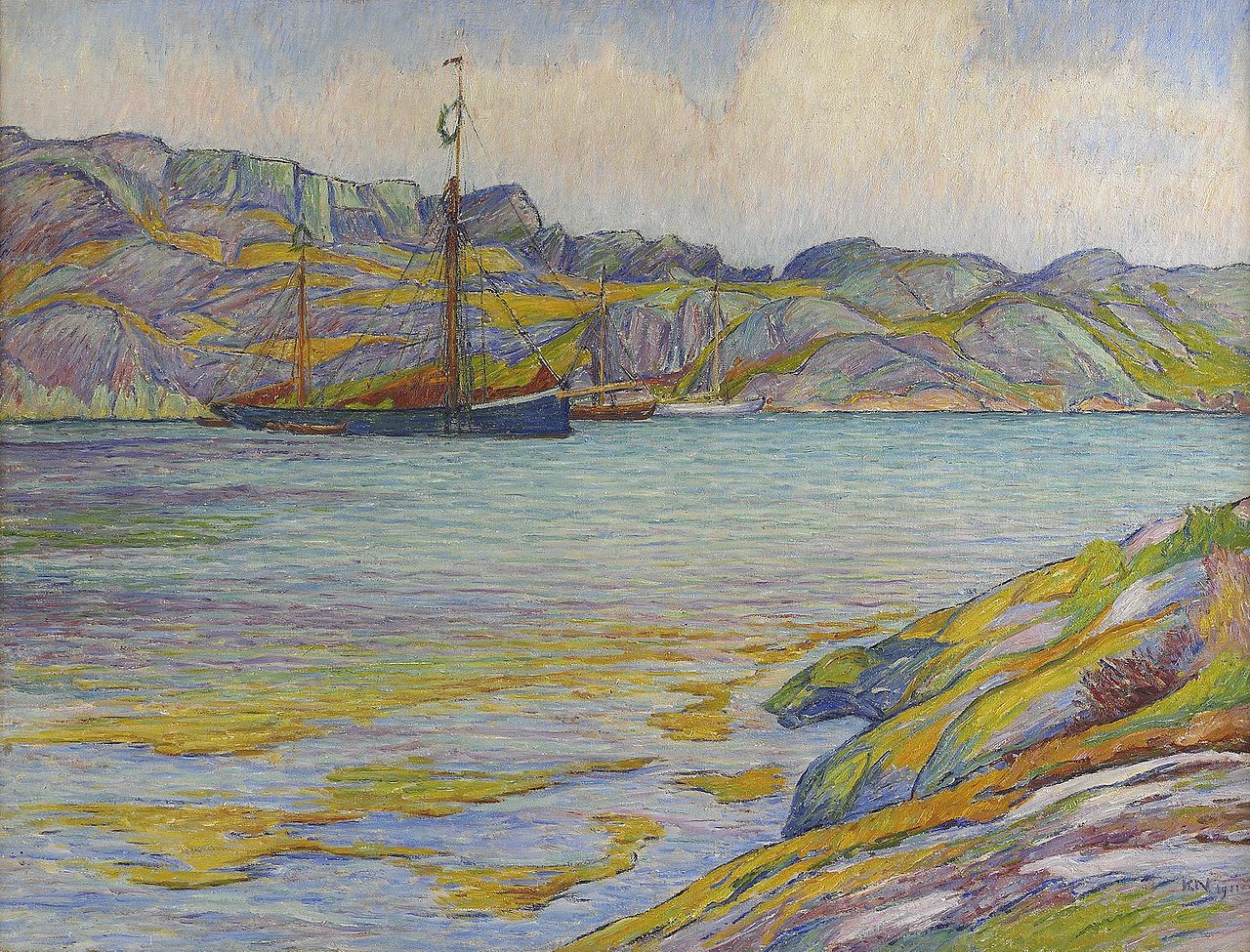 Boats by  a Cliff, Kyrkesund, vintage artwork by Karl Nordström, 12x8" (A4) Poster