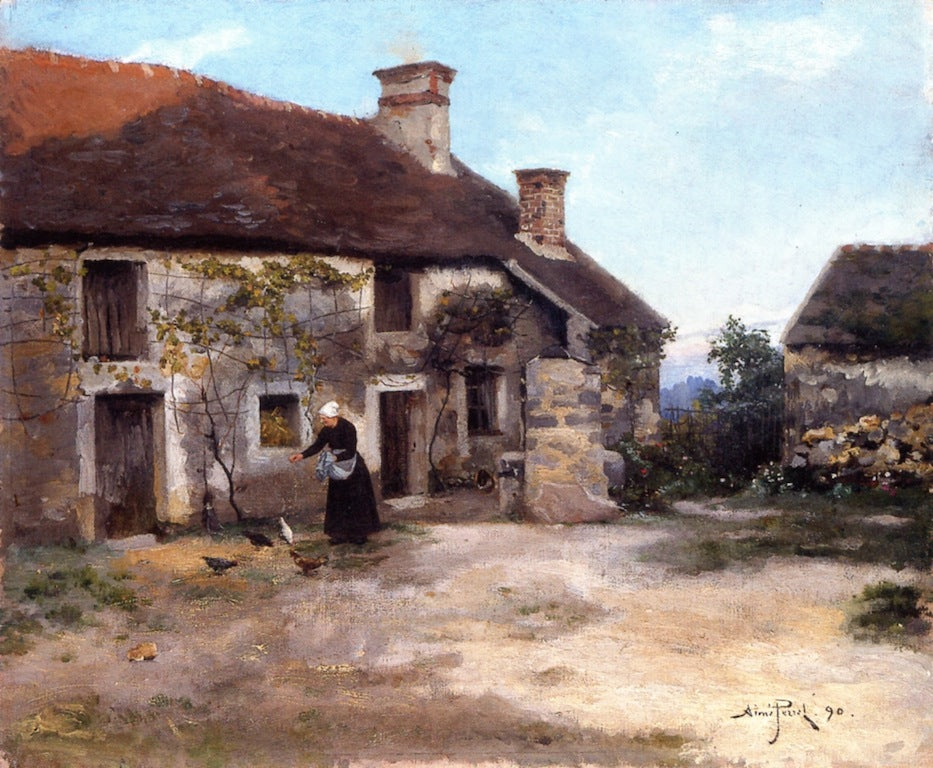Feeding the Chickens by the Farmhouse, vintage artwork by Aime Perret, 12x8" (A4) Poster