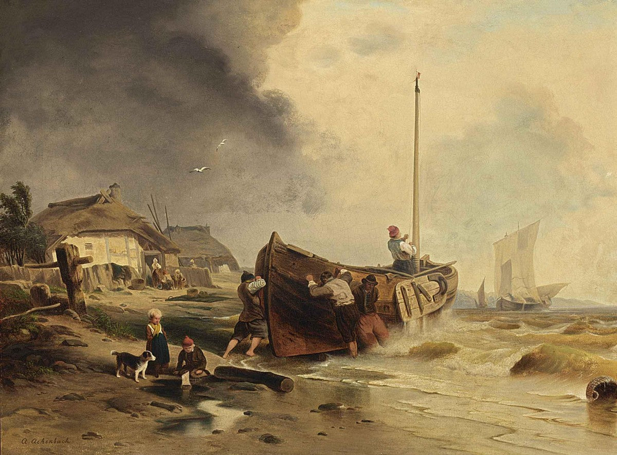 A Fishing Boat on the Beach, vintage artwork by Andreas Achenbach, A3 (16x12") Poster Print