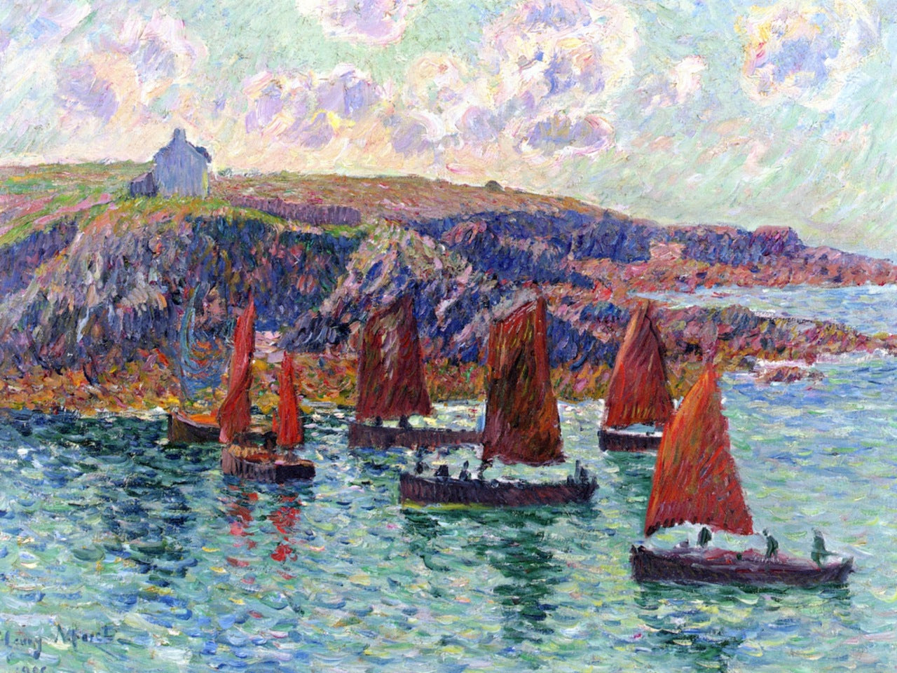 Fishing Boats, Finistere, vintage artwork by Henry Moret, 12x8" (A4) Poster