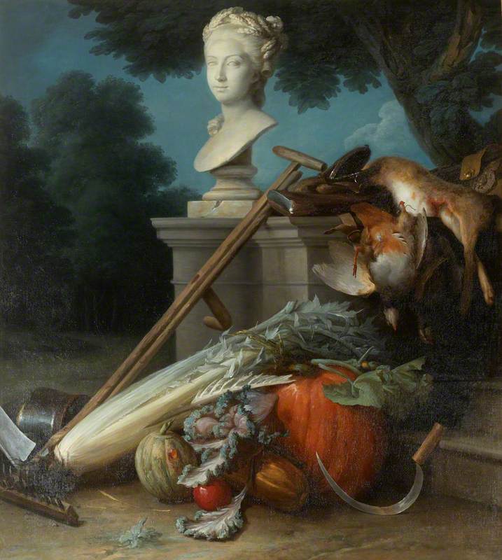 Garden Still Life with Implements, Vegetables, Dead Game and a Bust of Ceres, vintage artwork by Anne Vallayer-Coster, 12x8" (A4) Poster