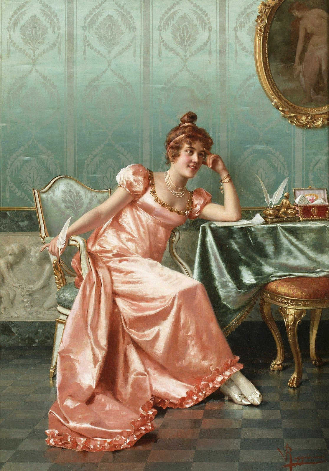 Composing a letter, vintage artwork by Vittorio Reggianini, 12x8" (A4) Poster