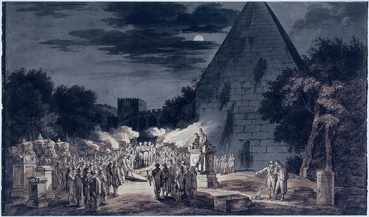 Nocturnal burial at the Cestius pyramid, vintage artwork by Bartolomeo Pinelli, 12x8" (A4) Poster