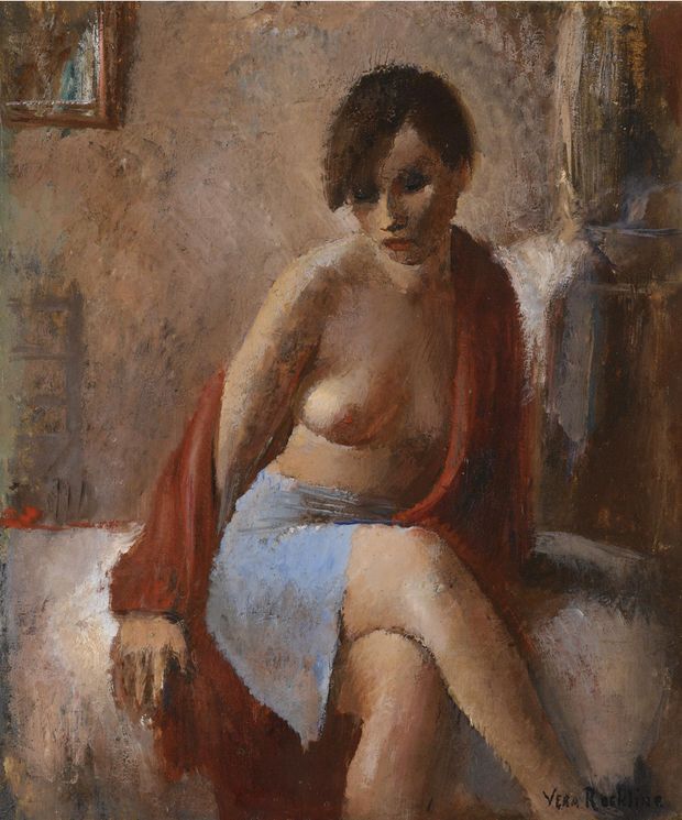 Portrait of a Lady in a Blue Skirt, vintage artwork by Vera Rockline, 12x8" (A4) Poster