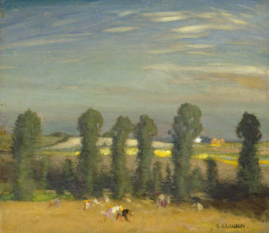 Landscape with Hayfield and Poplars, vintage artwork by Sir George Clausen, R.A., R.W.S., R.I., 12x8" (A4) Poster