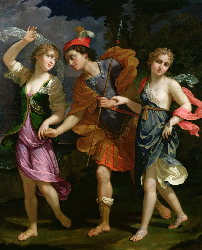 Theseus with Ariadne and Phaedra, the daughters of King Minos, vintage artwork by Benedetto Gennari the Younger, 12x8" (A4) Poster