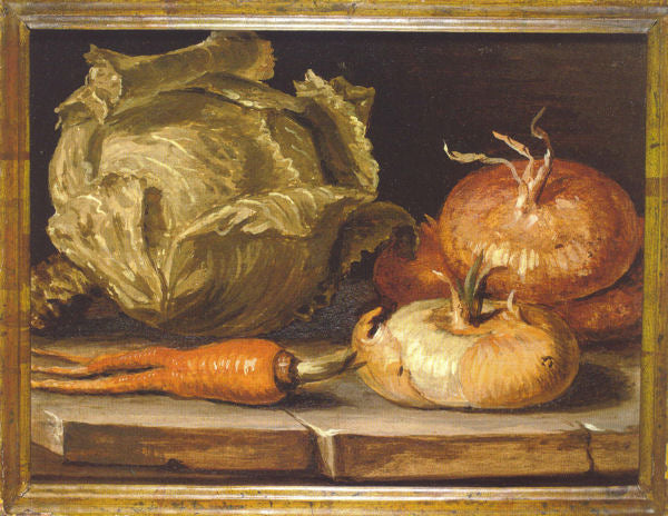 Still Life with cabbage carrot onions, vintage artwork by Giuseppe Artioli, 12x8" (A4) Poster