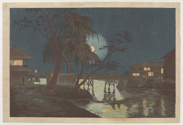 Teahouse at Imadobashi by Moonlight, vintage artwork by Kobayashi Kiyochika, 12x8" (A4) Poster