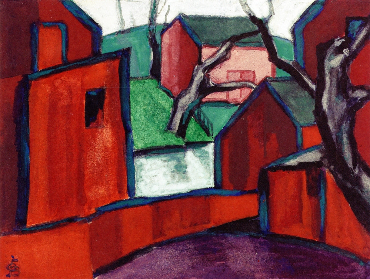 Red Houses on the River, vintage artwork by Oscar Bluemner, 12x8" (A4) Poster