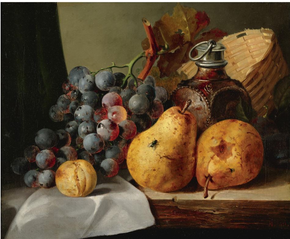 Pears, Grapes, A Greengage, Plums A Stoneware Flask And A Wicker Basket On A Wooden Ledge, vintage artwork by Edward Ladell, A3 (16x12") Poster Print
