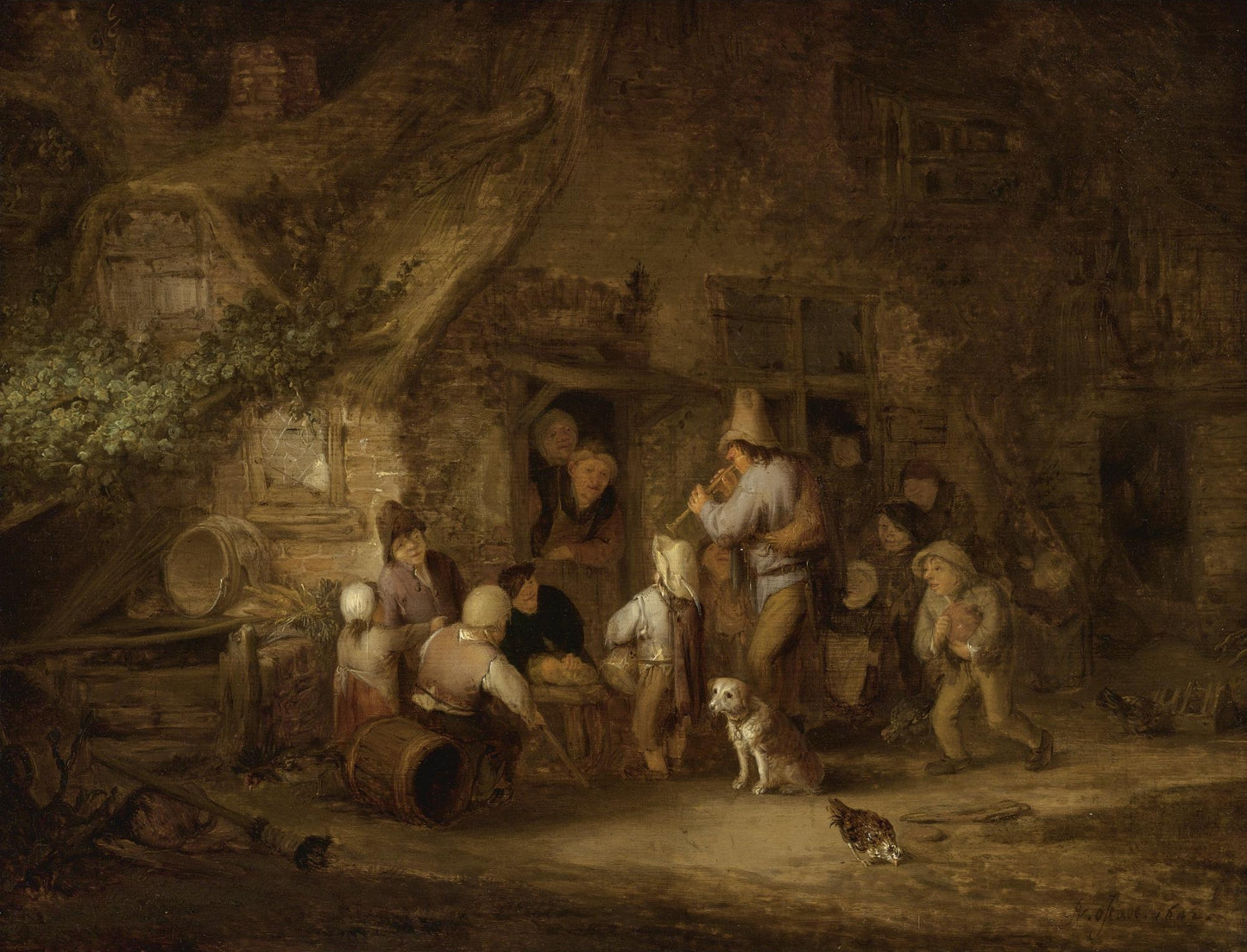 A Man Playing the Shawm at a Rustic Cottage Door, vintage artwork by Adriaen van Ostade, 12x8" (A4) Poster