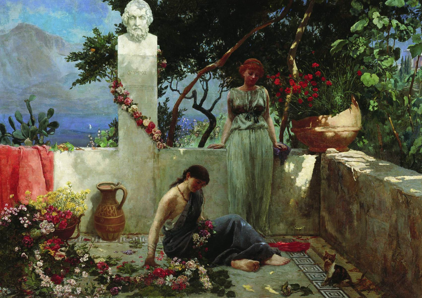 Girls on the Terrace by the Bust of Homer, vintage artwork by Hendryk Siemiradzki, 12x8" (A4) Poster