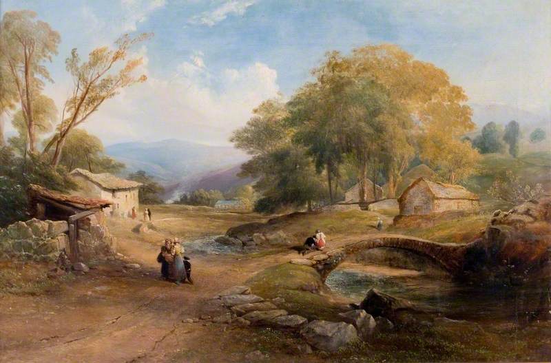 Landscape, Bridge and Figures, vintage artwork by Thomas Miles Richardson, Sr., 12x8" (A4) Poster