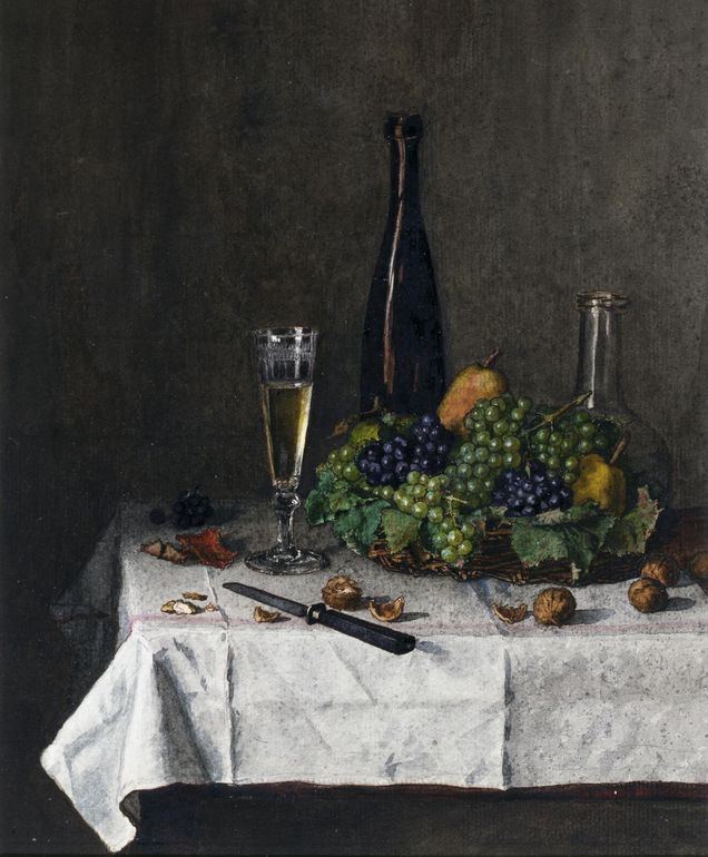 Still Life: Basket of Grapes, Walnuts, and Knife, vintage artwork by Leon Bonvin, 12x8" (A4) Poster