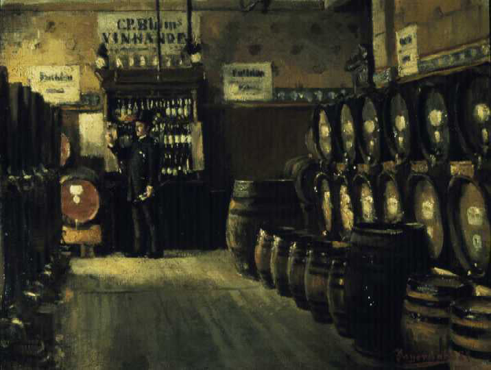 Interior of Blom's Bodega in Christiania, vintage artwork by Hans Heyerdahl, 12x8" (A4) Poster